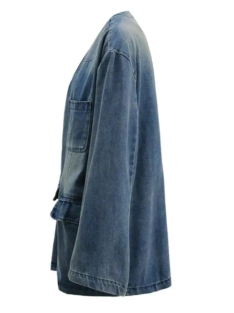 Blue Denim Vintage Big Size Pocket Jacket New V-neck Long Sleeve Women Coat Fashion Tide Spring Autumn 2025 CPG1579