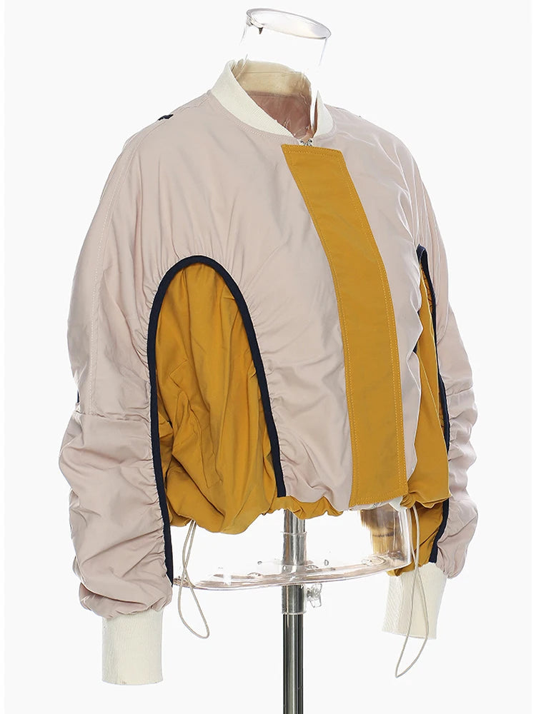 Khaki Color-block Drawstring Big Size Jacket New Stand Collar Long Sleeve Women Coat Fashion Spring Autumn 2025 1DH5645