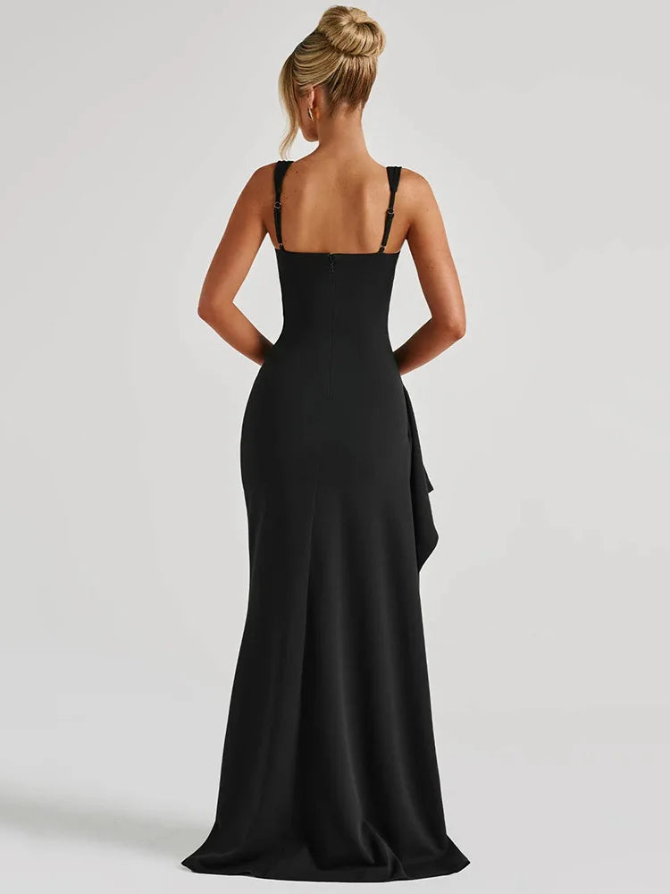 Black Backless Sexy Maxi Dress For Women Gown Spaghetti Strap Sleeveless Thigh High Split Club Evening Long Dress