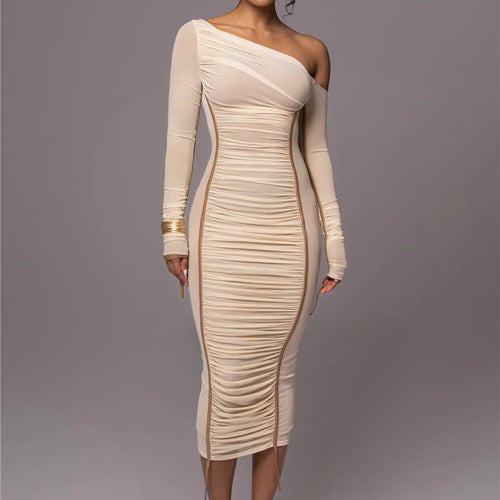 Load image into Gallery viewer, Diagonal Collar Long Sleeve Midi Dress For Women Two Layer Mesh Backless Ruched Bodycon Club Party Sexy Long Dress
