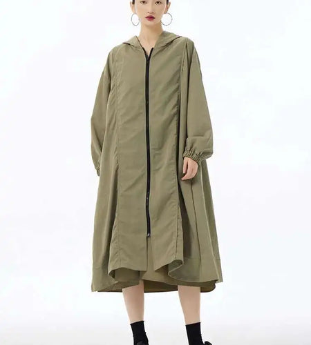 Women Green Pocket Zipper Big Size Long Trench New Hooded Long Sleeve Windbreaker Fashion Tide Spring Autumn 2025 1DH6713