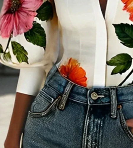 Spring Summer Women Asymmetric Elegant Blouses Tops Puff Sleeves Floral Printed Lapel Shirts Tops for Woman
