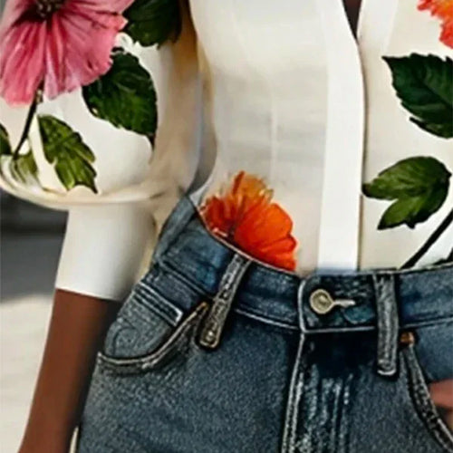 Load image into Gallery viewer, Spring Summer Women Asymmetric Elegant Blouses Tops Puff Sleeves Floral Printed Lapel Shirts Tops for Woman

