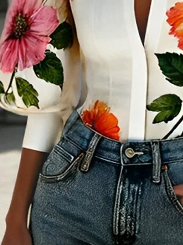 Spring Summer Women Asymmetric Elegant Blouses Tops Puff Sleeves Floral Printed Lapel Shirts Tops for Woman