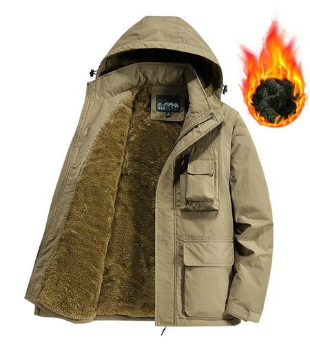 Cotton Fleece Jacket Warm Solid Color Coats Male Fashion Casual Multi-pockets Lapel Outerwear Parkas JacketMen Winter Thick