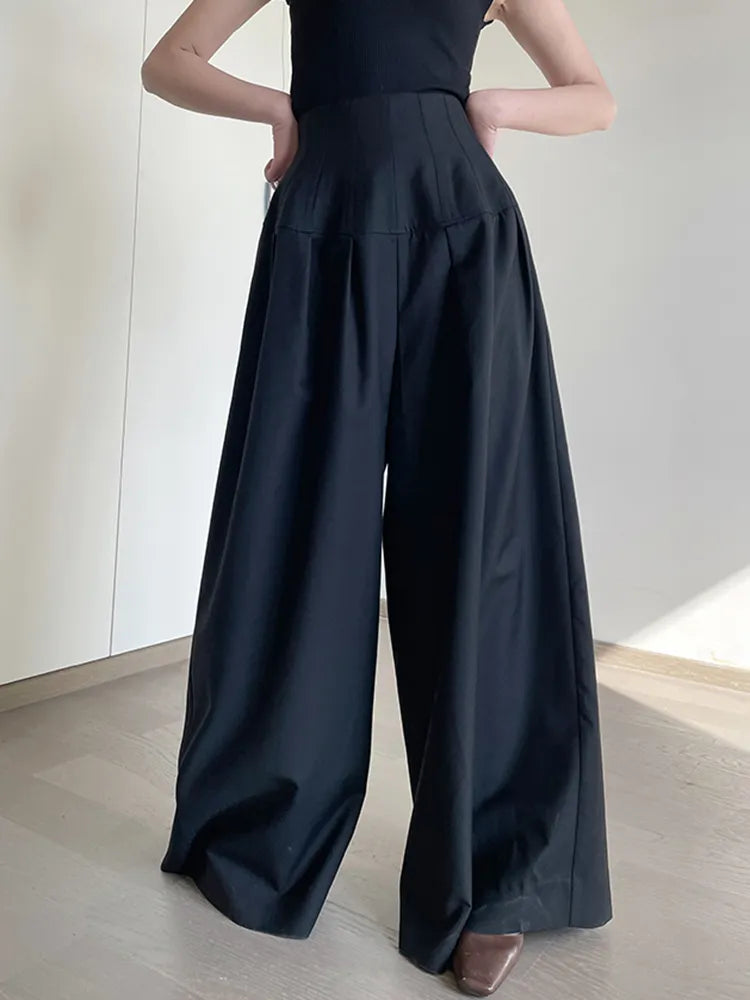 Oversize Wide Leg Pants For Women Gathered Waist Spliced Ruched Casual Solid Long Trousers Female Clothing Summer