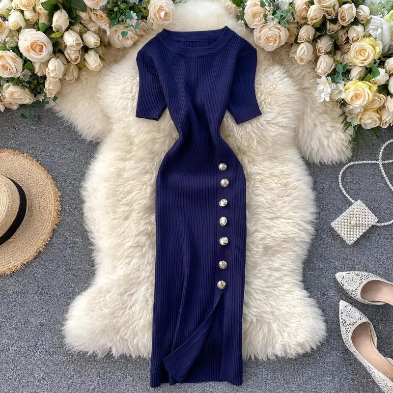 Summer Korean Solid Round Neck Slim Single Breasted Short Sleeve Long Dress Women Festival Wrap Hip Split Knitted Dress Popular