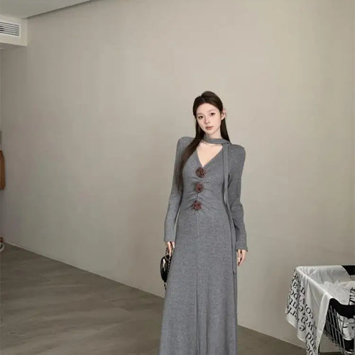 Load image into Gallery viewer, Autumn Winter 2024 New Retro Black Grey V-neck Flower Decoration Elegant Party Dress For Women Khaki Long Sleeve Pleated Dresses
