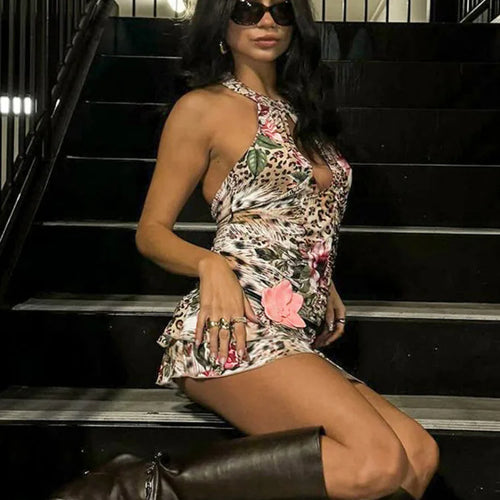 Load image into Gallery viewer, Hollow Out Halter Print Mini Dress For Women Robe Fashion Sleeveless Backless High Waist Ruffled Club Party Dress
