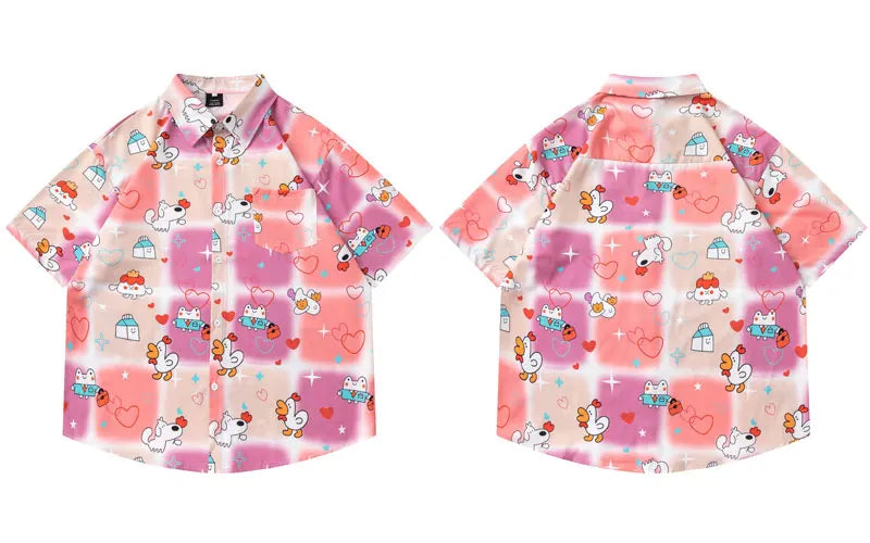 Summer Hawaiian Shirts Streetwear Funny Cartoon Graphic Printed Button Up Short Sleeve Beach Blouse Harajuku Casual Baggy Tops