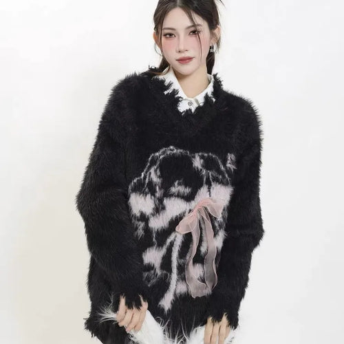 Load image into Gallery viewer, Y2k Aesthetic Women Sweet Cartoon Jacquard Sweaters New Grunge Vintage Bow Hole Jumpers Loose Knitted Harajuku Pullovers Female
