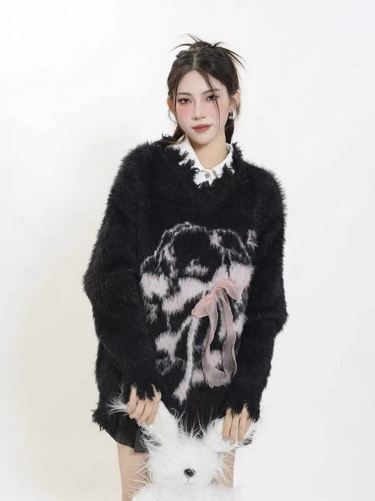 Y2k Aesthetic Women Sweet Cartoon Jacquard Sweaters New Grunge Vintage Bow Hole Jumpers Loose Knitted Harajuku Pullovers Female