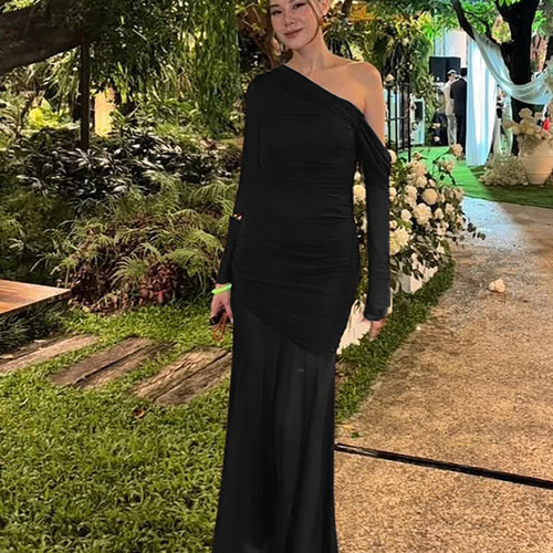 Load image into Gallery viewer, Oblique Shoulder Long Sleeve Sexy Maxi Dress For Women Fashion Mesh Backless Bodycon Ruched Club Evening Long Dress
