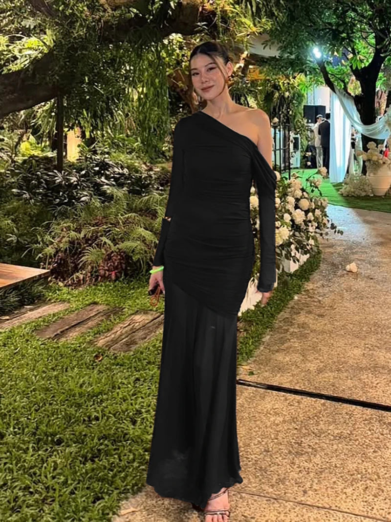 Oblique Shoulder Long Sleeve Sexy Maxi Dress For Women Fashion Mesh Backless Bodycon Ruched Club Evening Long Dress
