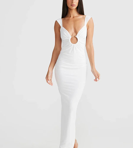 Elegant Hollow Out V-neck Slip Backless Party Evening Maxi Dress For Women 2024 Spring Sexy Slim Split Solid Dress