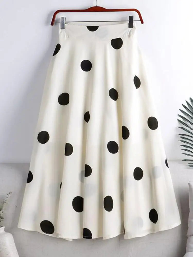 Chiffon Print Dot Skirts Womens High Waist All-match Summer Medium Long  A-line Skirt Female Office Lady Pleated Skirt Elegant