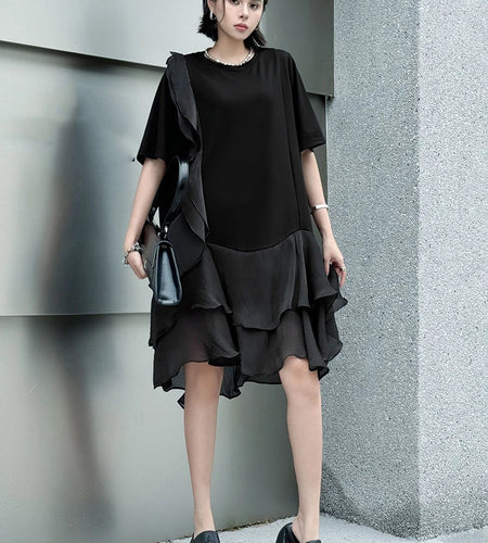 Women Black Ruffles Irregular Big Size Mini Dress New Round Neck Short Sleeve Fashion Tide Spring Summer 2025 1DJ1365