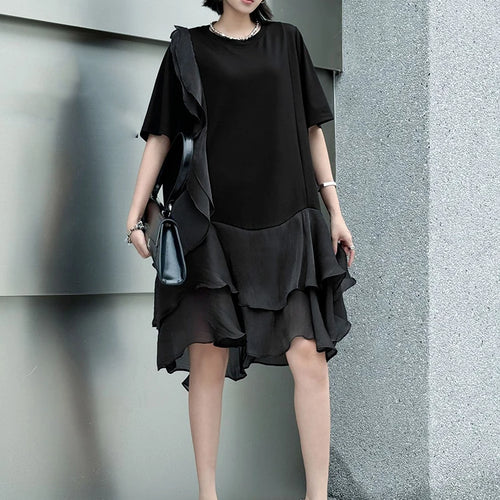 Load image into Gallery viewer, Women Black Ruffles Irregular Big Size Mini Dress New Round Neck Short Sleeve Fashion Tide Spring Summer 2025 1DJ1365
