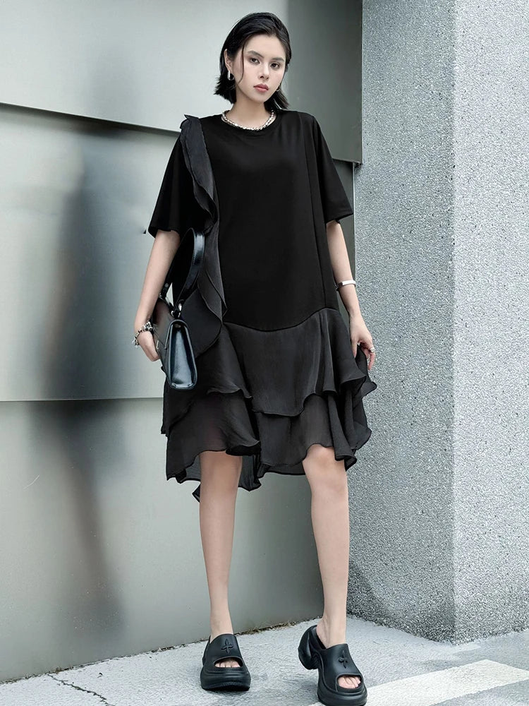 Women Black Ruffles Irregular Big Size Mini Dress New Round Neck Short Sleeve Fashion Tide Spring Summer 2025 1DJ1365