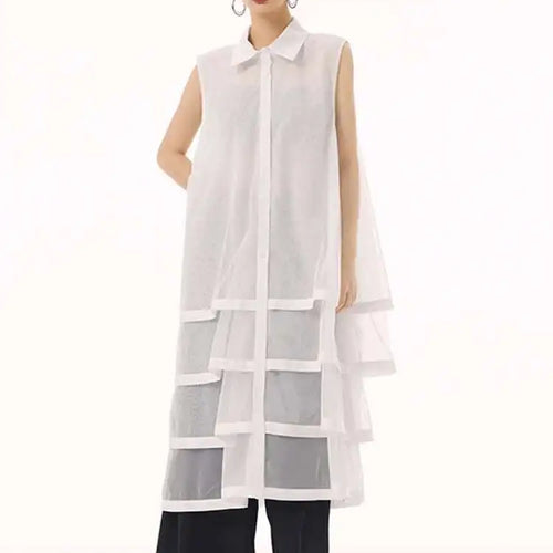 Load image into Gallery viewer, Women Black Layers Mesh Big Size Midi Vest Shirt Dress New Lapel Sleeveless Fashion Tide Spring Summer 2025 1DH9472
