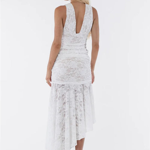 Load image into Gallery viewer, Lace Ruched Sexy Maxi Dress Women Gown White Patchwork Deep V Neck Sleeveless Backless High Waist Long Tank Dress
