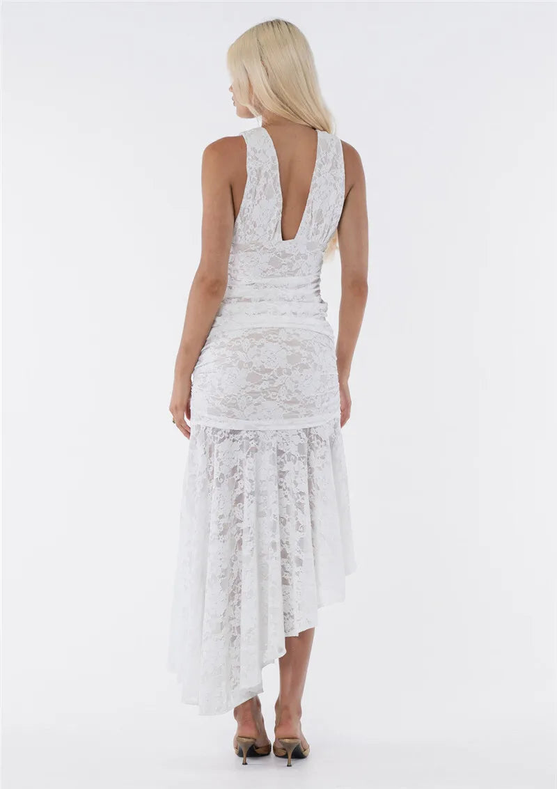 Lace Ruched Sexy Maxi Dress Women Gown White Patchwork Deep V Neck Sleeveless Backless High Waist Long Tank Dress