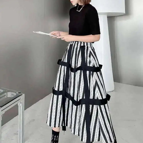Load image into Gallery viewer, High Elastic Waist Striped Ribbons Long A-line Casual Half-body Skirt Women Fashion Tide New Spring Autumn 2025 1DH8206
