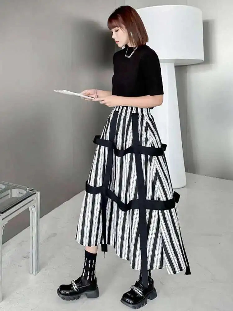 High Elastic Waist Striped Ribbons Long A-line Casual Half-body Skirt Women Fashion Tide New Spring Autumn 2025 1DH8206