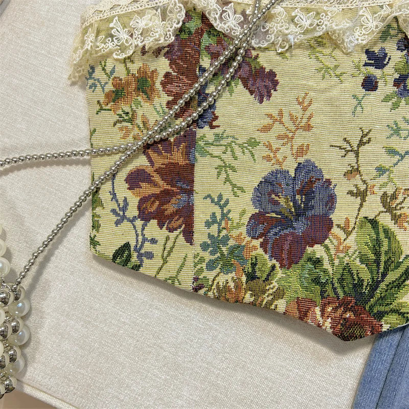 Retro Lace Painting Flower Print Tank Tops Summer Camisole Women's Elegant Slim Asymmetrical Short Slip Vest Sexy Club Y2k Boho