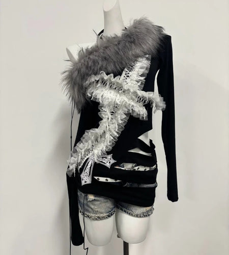 Y2k Aesthetic Fur Patchwork Skew Collar Sexy T-shirts Harajuku Lace Cross Slim Tops Women Streetwear Grunge Hollow Out Tees