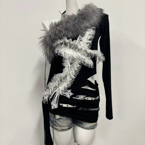 Load image into Gallery viewer, Y2k Aesthetic Fur Patchwork Skew Collar Sexy T-shirts Harajuku Lace Cross Slim Tops Women Streetwear Grunge Hollow Out Tees
