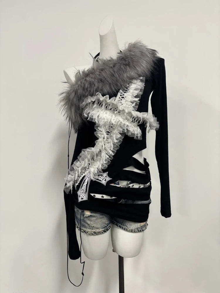 Y2k Aesthetic Fur Patchwork Skew Collar Sexy T-shirts Harajuku Lace Cross Slim Tops Women Streetwear Grunge Hollow Out Tees