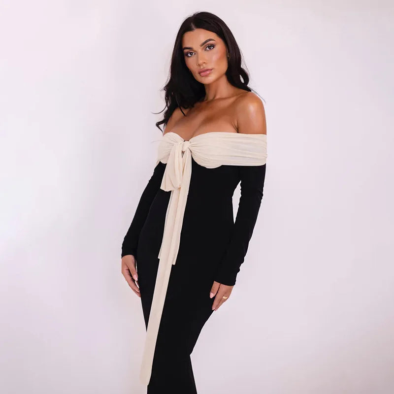 Patchwork Off-shoulder Sexy Maxi Dress For Women Gown Contrast Color Strapless Long Sleeve Bodycon Sexy Long Dress