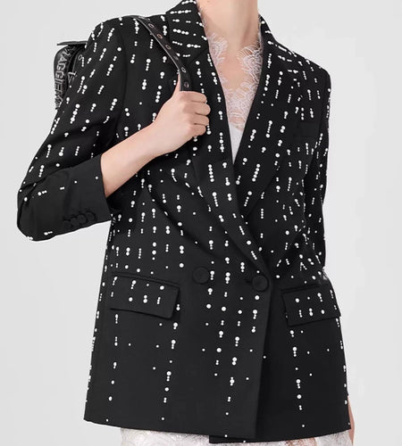 Solid Loose Spliced Bead Fashion Jackets for Women Lapel Long Sleeves Patchwork Buttons Temperament Jacket Female