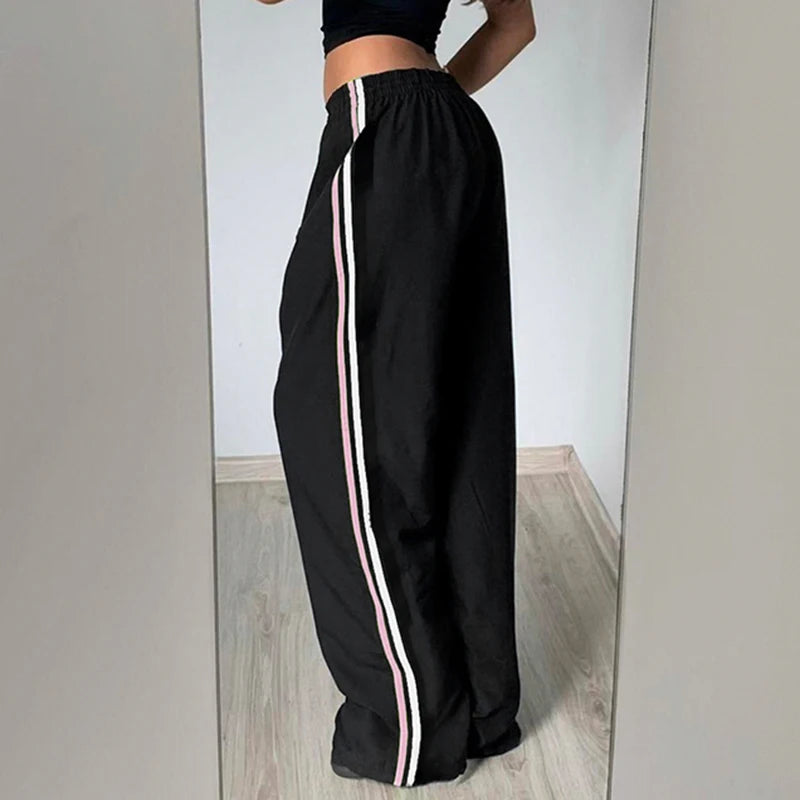 Streetwear Side Stripe Spliced Baggy Women Trousers Basic Harajuku Elastic Waist Casual Joggers Pants Straight Bottom