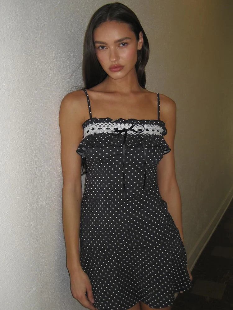 Spaghetti Strap Polka Dot Mini Dress For Women Robe Contrast Color Off-shoulder Sleeveless Backless Club Party Dress
