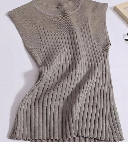 Korean Women Solid Striped Round Neck Knitted Vest 2024 Summer Sleeveless Basic Pullover Tank Tops Versatile Streetwear clothes