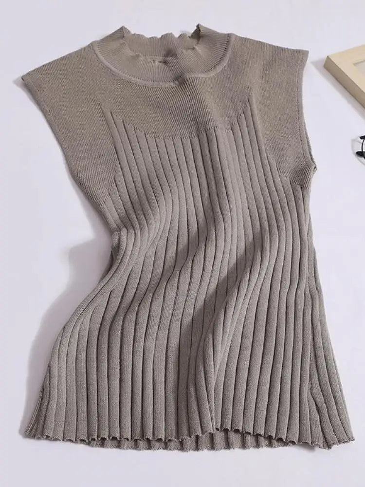 Korean Women Solid Striped Round Neck Knitted Vest 2024 Summer Sleeveless Basic Pullover Tank Tops Versatile Streetwear clothes
