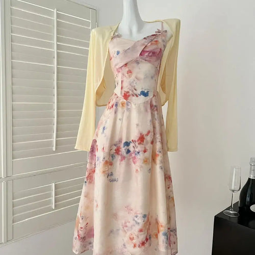 Load image into Gallery viewer, Spring Summer Women Yellow Long Sleeves Cardigan Tops And Retro Floral V-neck High Waist Slim Slip Long Dress 2025 Two-piece Set
