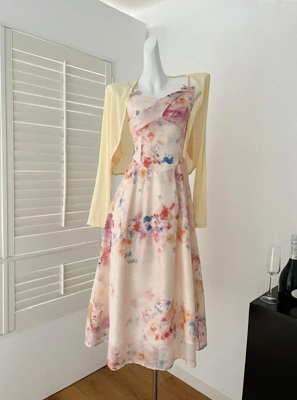 Spring Summer Women Yellow Long Sleeves Cardigan Tops And Retro Floral V-neck High Waist Slim Slip Long Dress 2025 Two-piece Set