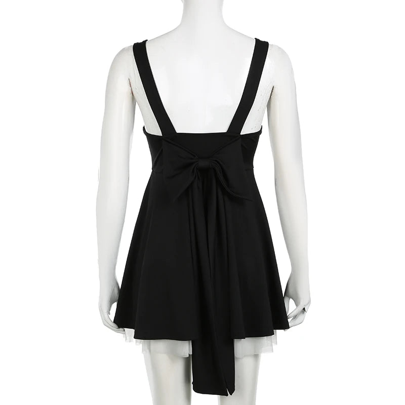 Korean Fashion Backless Black Tie-Up Bow Summer Dress Women Mesh Spliced Sweet A-Line Sleeveless Sundress Chic French