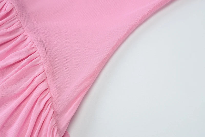 Scarf Collar Backless Sexy Maxi Dress For Women Gown Pink Strapless Off-shoulder Backless Mesh Long Dress Vestido