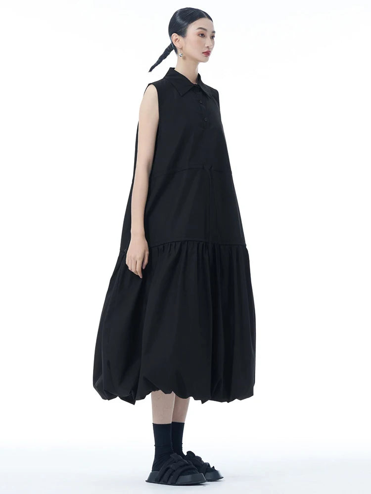 Women Black Brief Pleated Big Size Midi Bud Shirt Dress New Lapel Sleeveless Fashion Tide Spring Autumn 2025 1DJ0955