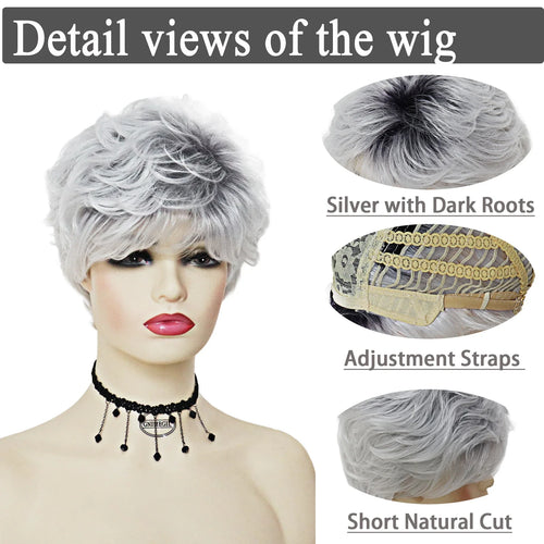 Load image into Gallery viewer, Synthetic Short Wig Ombre Silver Grey Wigs for Women Natural Hair with Bangs Old Lady Wig Hairstyle Mommy Wig Cap Gift
