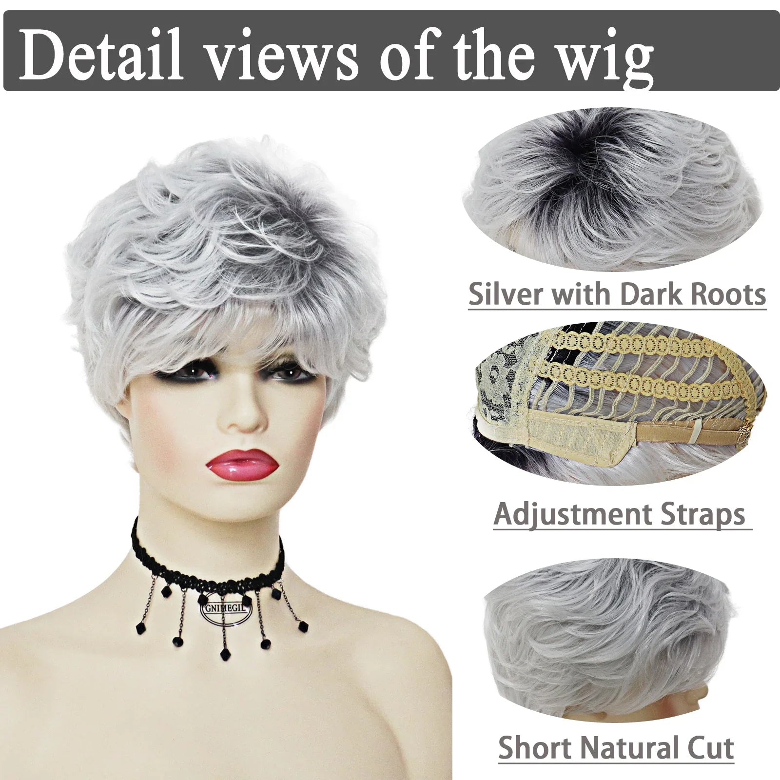 Synthetic Short Wig Ombre Silver Grey Wigs for Women Natural Hair with Bangs Old Lady Wig Hairstyle Mommy Wig Cap Gift