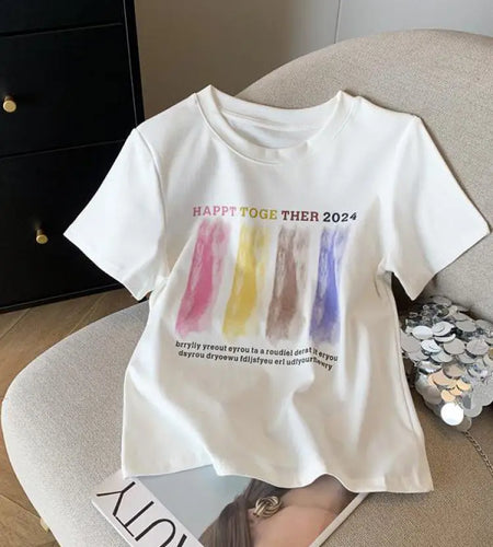 Summer White Letters And Numbers 2024 Print Streetwear T Shirt Y2k Harajuku Women Cotton Round Neck Short Sleeve Tops Versatile