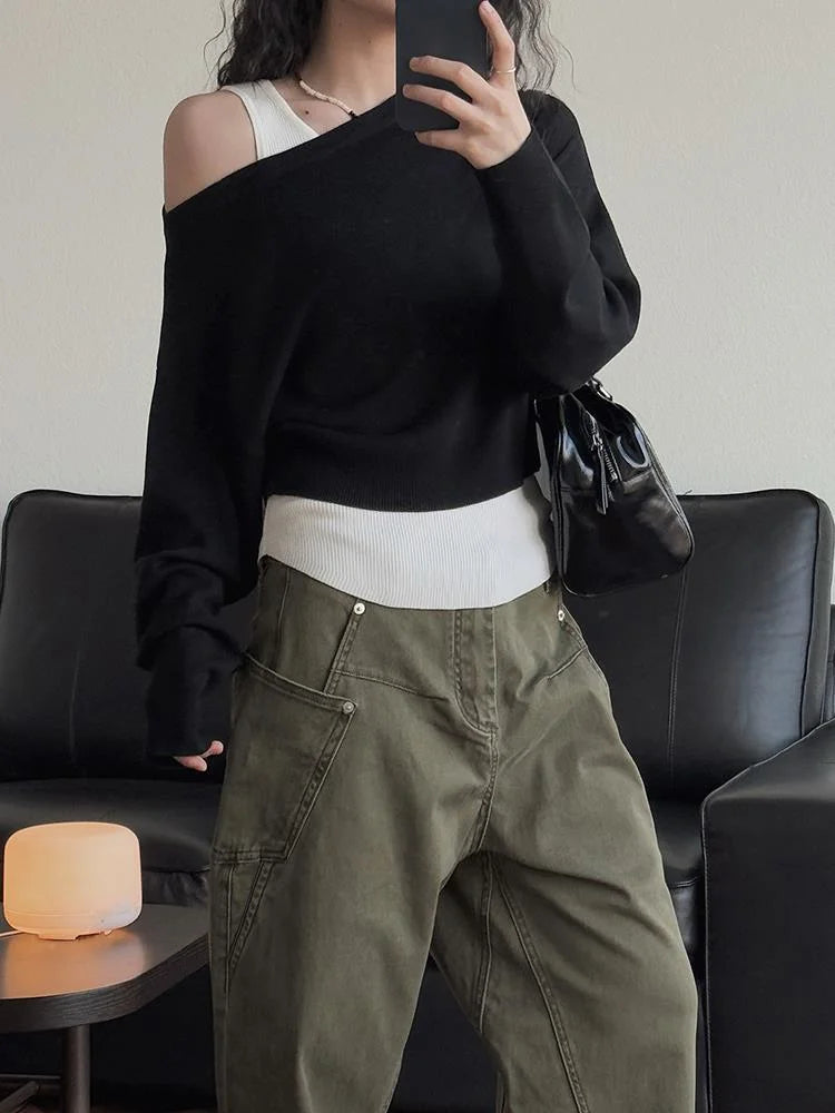 Black Color-block Knitting Sweater Irregular Neck Long Sleeve Women Pullovers New Fashion Tide Spring Autumn 2025 1DJ0158