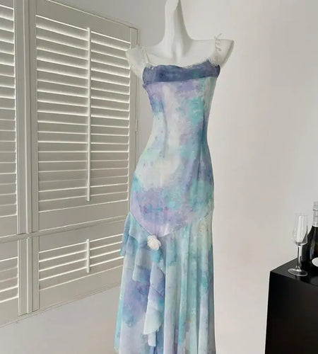 Summer French Blue Tie Dye Backless Irregular Long Dresses Women Vintage Elegant Sexy Sleeveless Ruffles Party Dress Ladies Boho