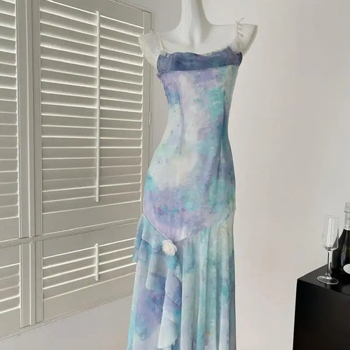 Load image into Gallery viewer, Summer French Blue Tie Dye Backless Irregular Long Dresses Women Vintage Elegant Sexy Sleeveless Ruffles Party Dress Ladies Boho
