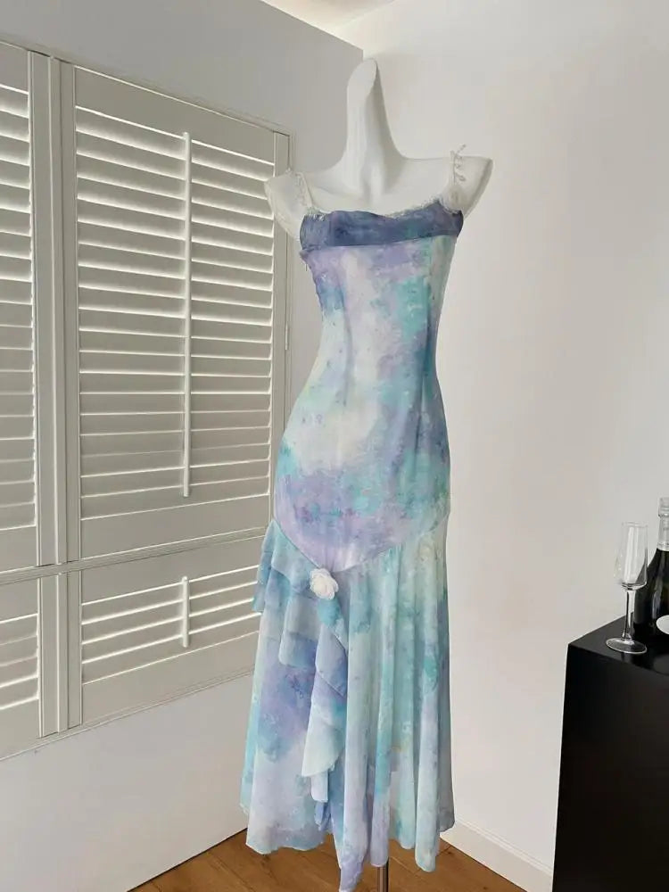 Summer French Blue Tie Dye Backless Irregular Long Dresses Women Vintage Elegant Sexy Sleeveless Ruffles Party Dress Ladies Boho